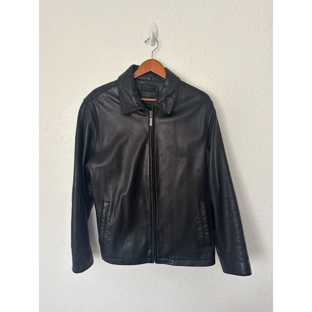 Brandini Leather Jacket Men's Large Black Lamb Leather Bomber Full Zip Lined